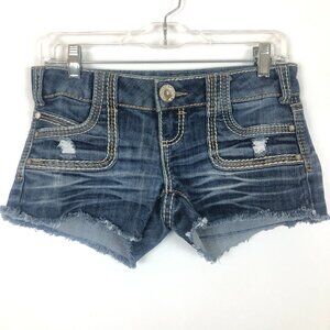Almost Famous Denim Shorts Sz 1 Jrs Distressed Raw Hem Stretch Thick Stitches